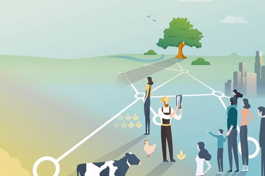 Graphische Darstellung einer vernetzten und digitalen Bauernhofes.