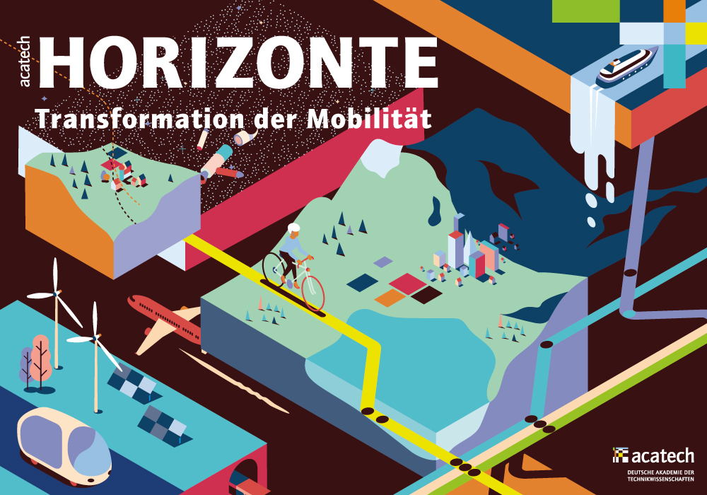 Titelgrafik der Publikation acatech HORIZONTE Mobilitätmit abstrakten Darstellungen von Landschaft und Fahrzeugen