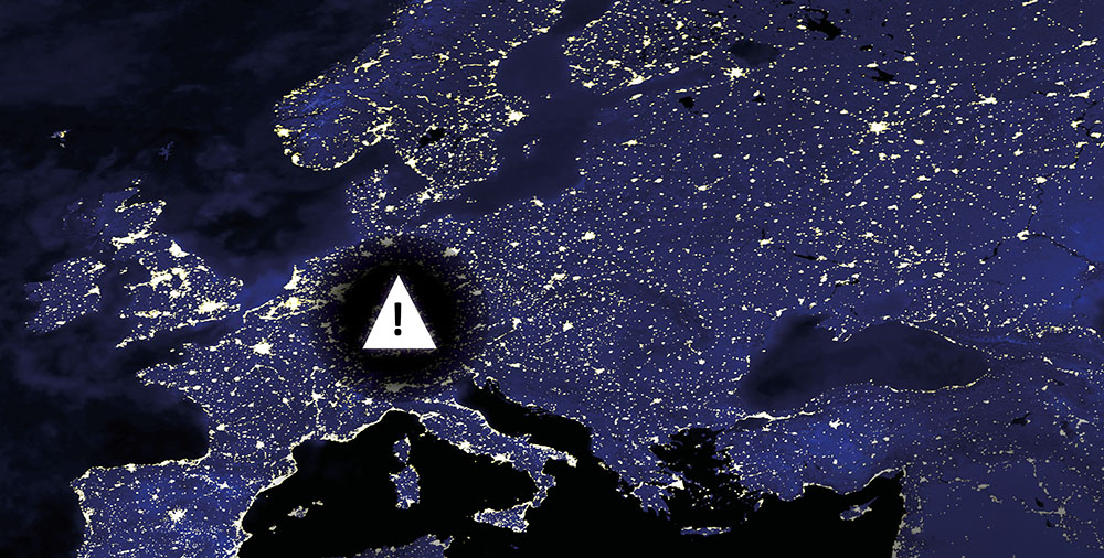Grafik einer leuchtenden Weltkarte, Warnschild mit Ausrufezeichen über Zentraleuropa