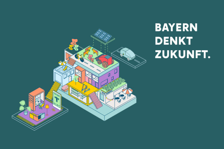 Grafische Darstellung von den Bereichen Wohnen, Pendeln, Arbeiten, Ernähren mit dem Kampagnen-Slogan Bayern denkt Zukunft