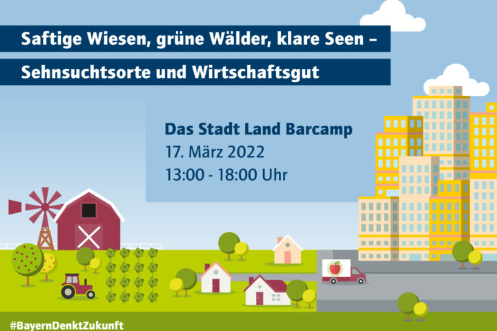 Grafik mit Titel und Datum des Stadt-Land-Barcamp am 17.03. vor stilisiertem Hof, Dorf, und Stadt