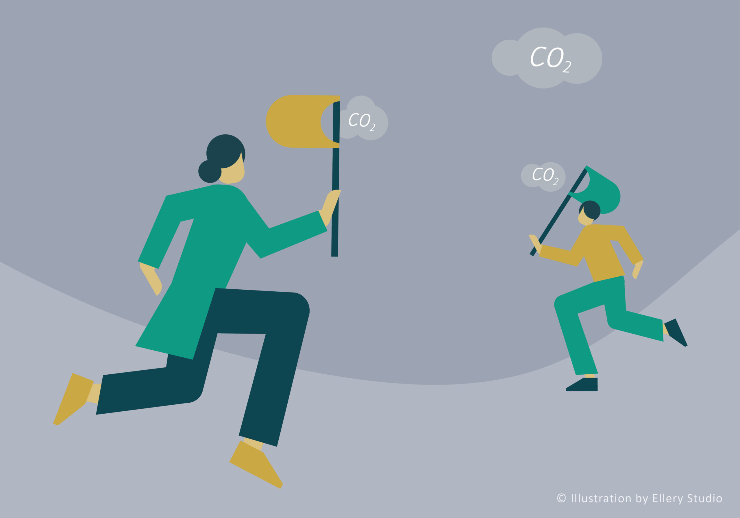 Die Illustration zeigt zwei Personen, die mit Käschern kleine CO2-Wolken einfangen, um negative Emissionen zu entfernen