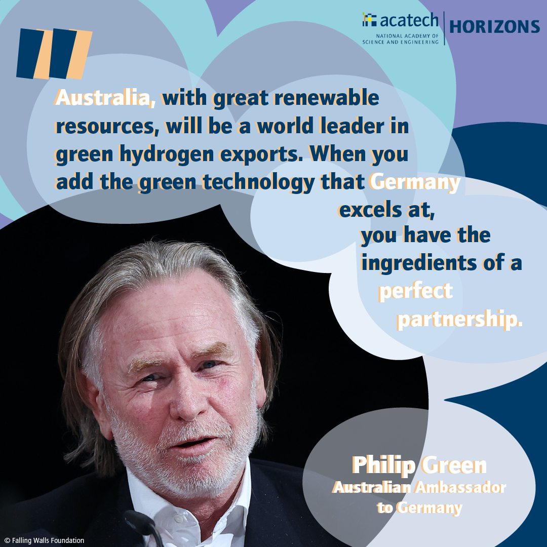 Graphic with a picture of Philip Green's face showing a man aged about mid 50 to mid 60 with greyish hair in shoulder legth in a grey suit and a white shirt saying that “Australia, with great renewable resources, will be a world leader in green hydrogen exports. Wind and solar energy from just 2% of our land mass could provide enough hydrogen to meet all of Germany’s annual energy consumption. When you add the green technology that Germany excels at, you have the ingredients of a perfect partnership.” 