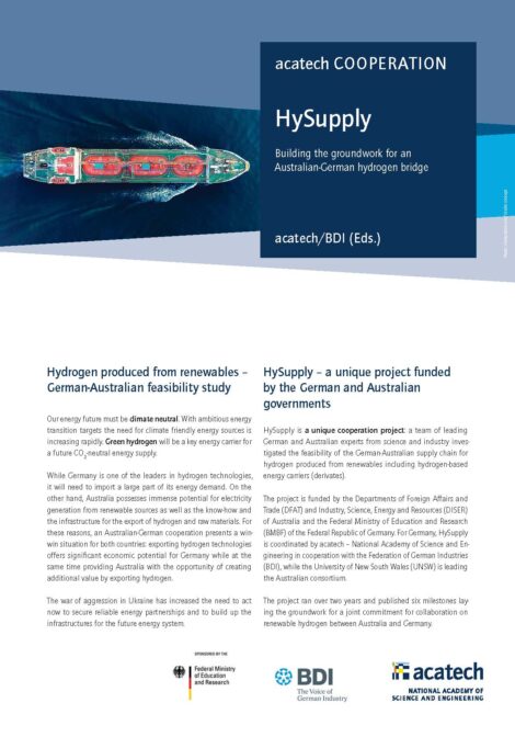 Cover der Publikation: HySupply. Building the groundwork for an Australian-German hydrogen bridge