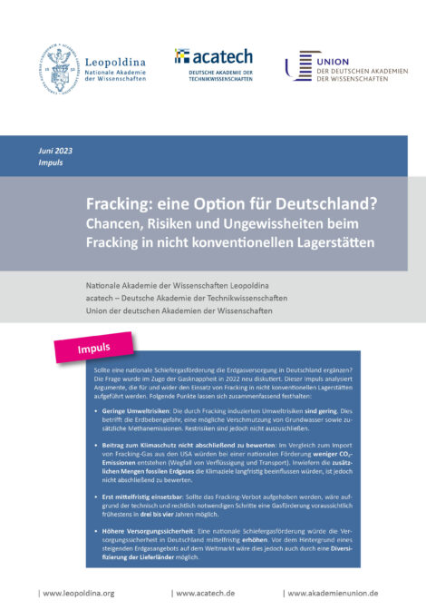 Das Bild zeigt das Cover der ESYS-Publikation "Fracking: eine Option für Deutschland?"