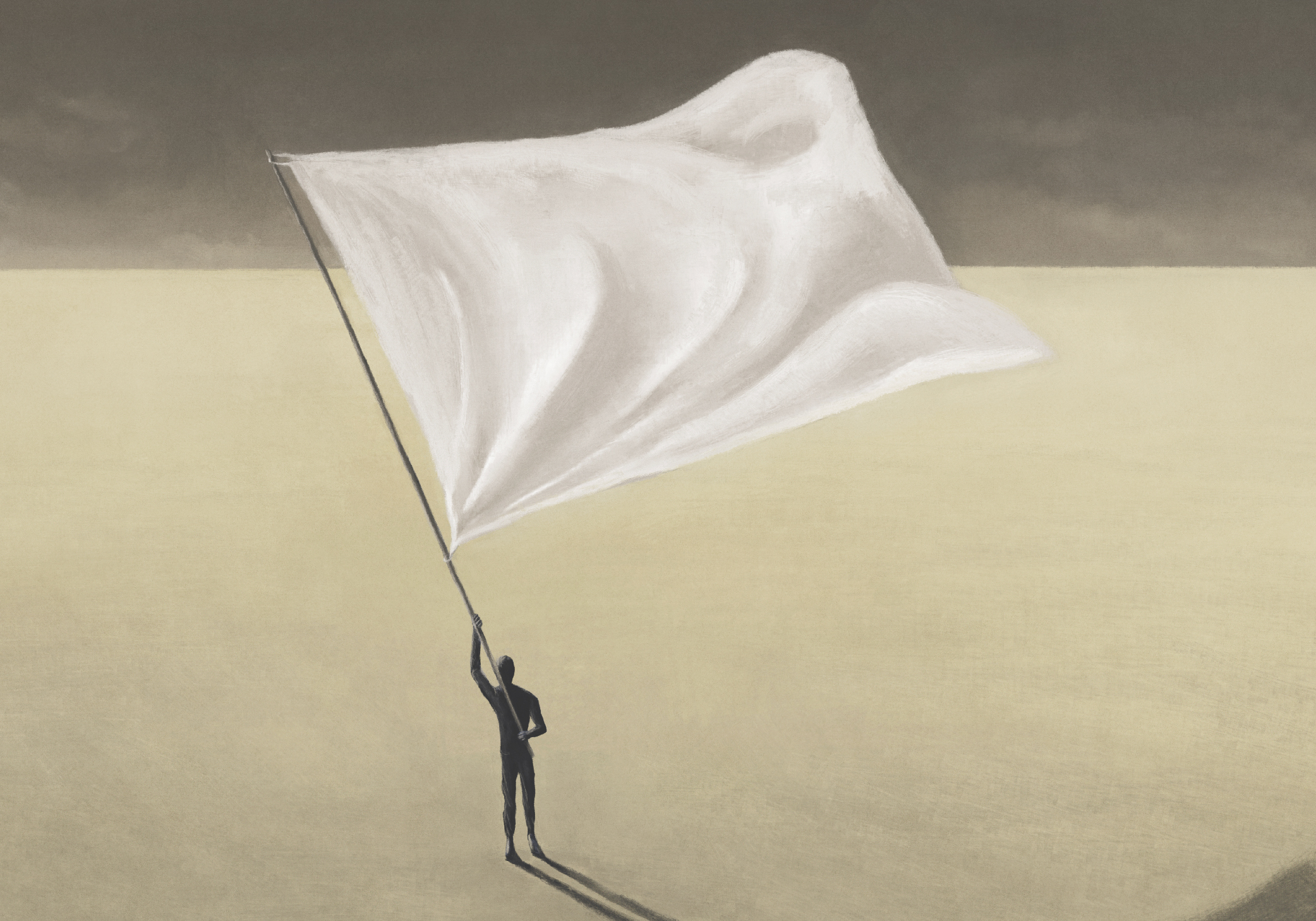 llustration eines Mannes, der eine große weiße Fahne schwenkt, surreales abstraktes Konzept