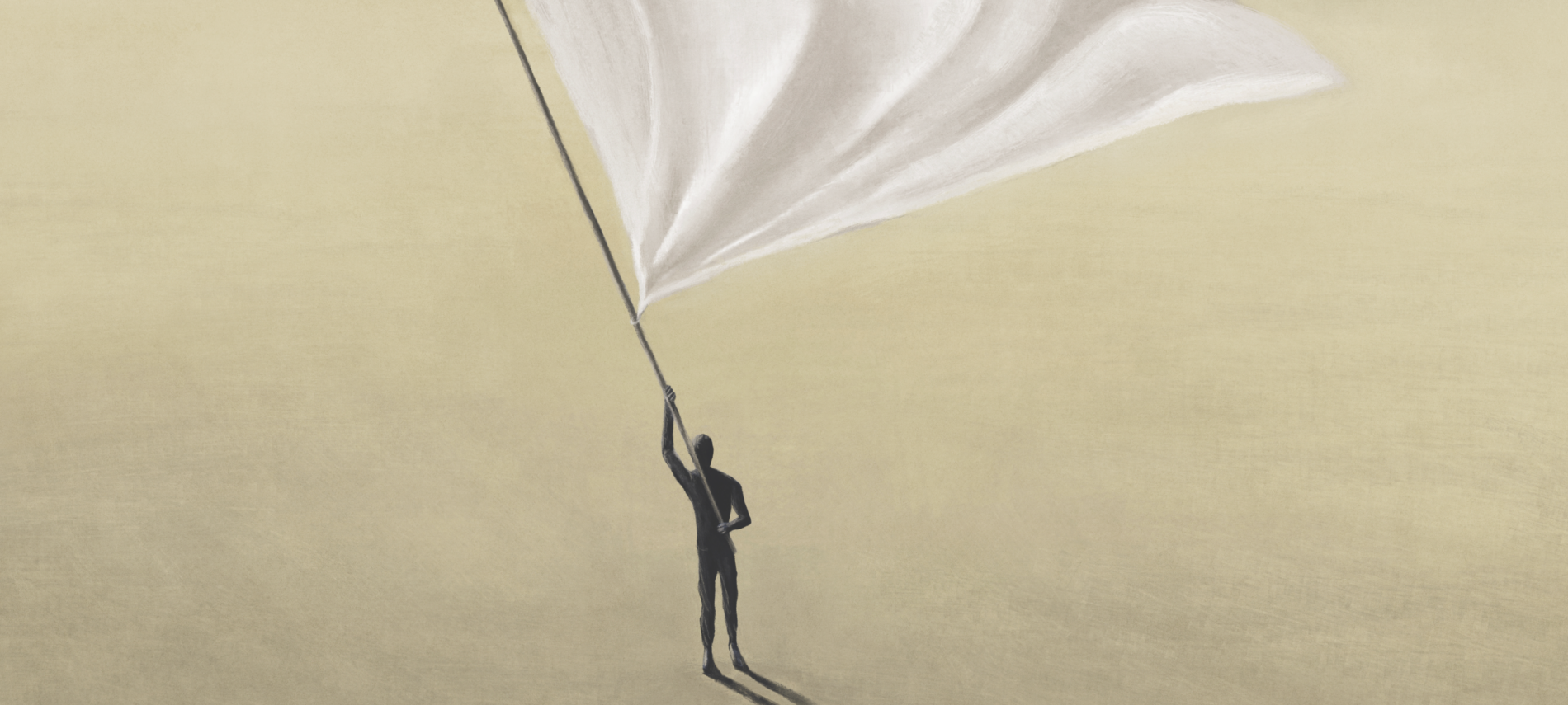 llustration eines Mannes, der eine große weiße Fahne schwenkt, surreales abstraktes Konzept
