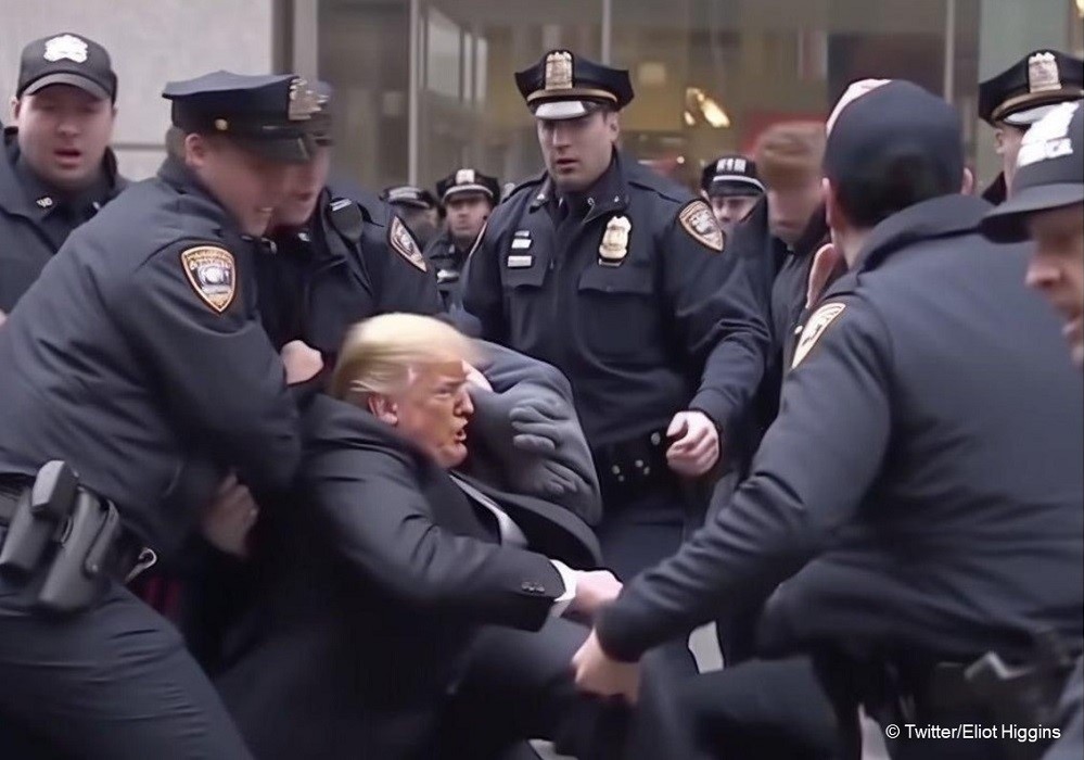 KI-generiertes Fake-Bild, Donald Trump wird von Polizisten festgenommen und liegt halb am Boden